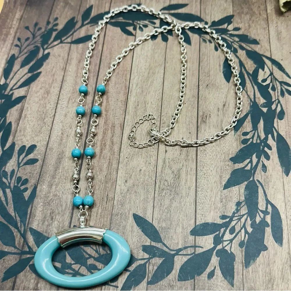 Silver Acrylic Turquoise Oval‎ Necklace B9